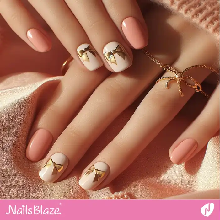 Peach Fuzz Nails Gold Bow Design | Color of the Year 2024 - NB1954